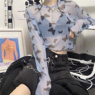 Long-sleeve Butterfly Print Mesh Crop Top Blue - One Size