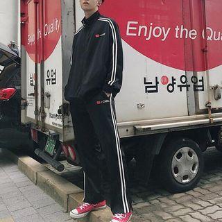 Set: Stand Collar Contrast-trim Zip Jacket + Sweatpants