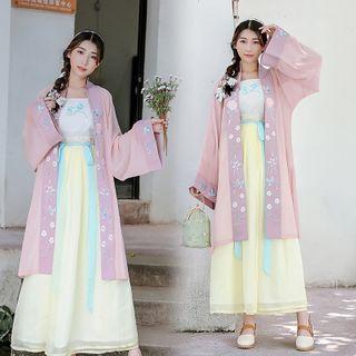 Set Of 3: Embroidered Hanfu Long Light Jacket + Camisole + Tie-waist Maxi Skirt