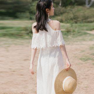 Lace Cold-shoulder Midi A-line Dress