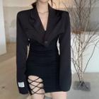 Spaghetti Strap Tie-up Detail Sheath Dress / Single-breasted Crop Blazer