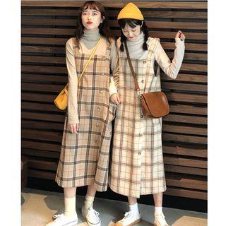 Plaid Jumper Midi Dress / Turtleneck Long-sleeve Knit Top
