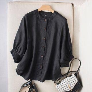3/4-sleeve Buttoned Linen Blouse