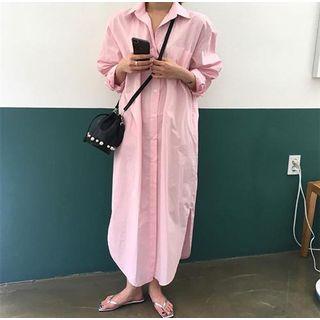 Side Slit Maxi Shirtdress Pink - One Size