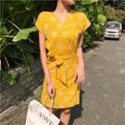 Short-sleeve Floral Print Wrapped A-line Dress Yellow - One Size
