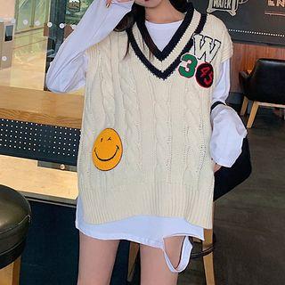 Appliqued V-neck Cable Knit Vest / Long-sleeve T-shirt / Set