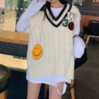 Appliqued V-neck Cable Knit Vest / Long-sleeve T-shirt / Set