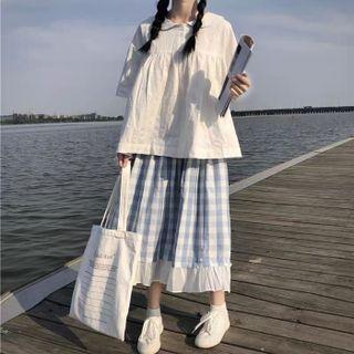 Short-sleeve Blouse / Gingham Midi A-line Skirt