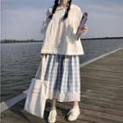 Short-sleeve Blouse / Gingham Midi A-line Skirt
