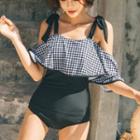 Checked Elbow-sleeve Swimsuit