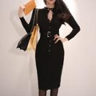 Buttoned Long-sleeve Midi Knit Sheath Dress Black - One Size
