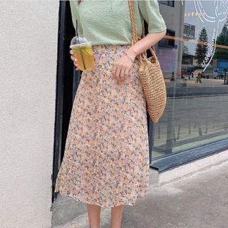 Short-sleeve Plain Top / High-waist Floral Printed Skirt