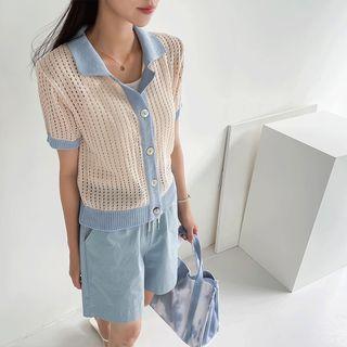 Short-sleeve Contrast-trim Punched Cardigan