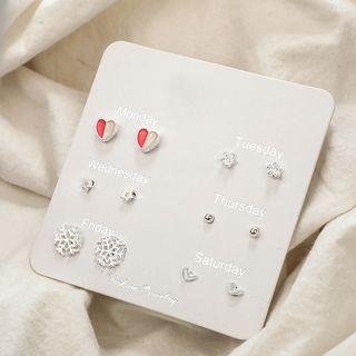 Set Of 6: Stud Earring (various Designs) Silver - One Size