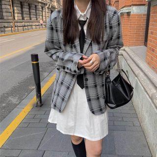 Plaid Blazer / Short-sleeve A-line Shirt Dress