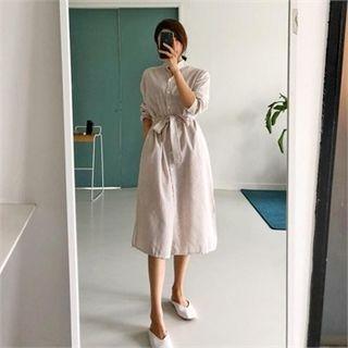 Mandarin-collar Striped Midi Shirtdress With Sash Beige - One Size