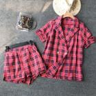 Set: Distressed-sleeve Plaid Shirt + Shorts With Tie