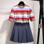 Set: Striped Elbow-sleeve Knit Top + A-line Skirt