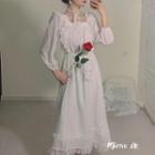 Set: Lace Choker + Puff-sleeve Ruffle Midi A-line Dress + Lace Belt