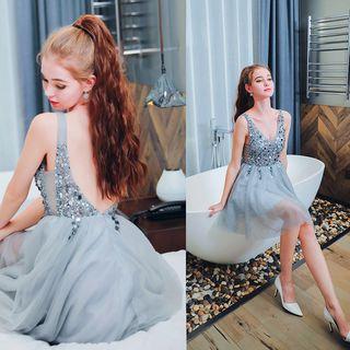 Sleeveless Sequined Paneled Mesh A-line Mini Party Dress