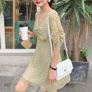 Printed Elbow-sleeve A-line Dress As Shown In Figure - One Size