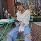 V-neck Wide-cuff Cropped Blouse