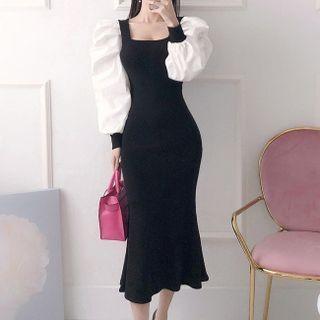 Puff-sleeve Ruffle Hem Knit Midi Sheath Dress
