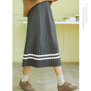 Striped Midi Knit Straight-fit Skirt Dark Gray - One Size