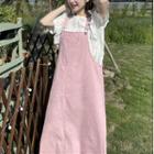 Short-sleeve Eyelet Trim Blouse / Midi A-line Overall Dress