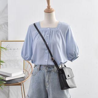 Square Neck Short-sleeve Top Blue - One Size