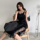 Spaghetti Strap Lace Trim Velvet Dress Black - One Size