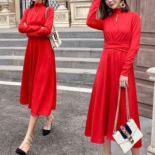 Long-sleeve Stand Collar A-line Midi Dress