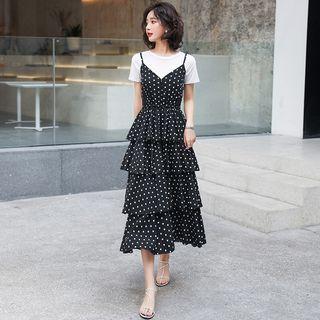 Set: Short-sleeve T-shirt + Dotted Strappy Midi A-line Dress