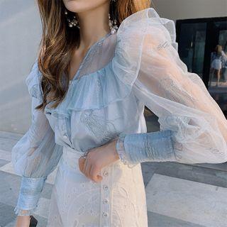 Embroidered Long-sleeve Mesh Blouse