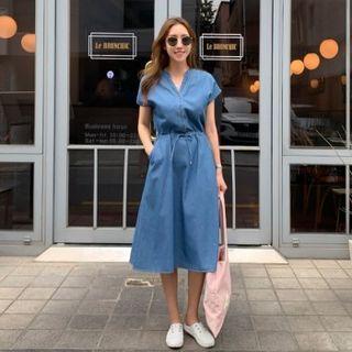 Cap-sleeve Tie-waist Denim Midi Dress Dark Blue - One Size