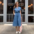 Cap-sleeve Tie-waist Denim Midi Dress Dark Blue - One Size