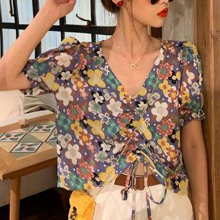 Short-sleeve Floral Printed Drawstring Front Blouse