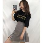 Elbow-sleeve Lettering T-shirt / Plaid A-line Skirt