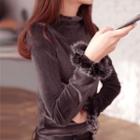 Furry Trim / Letter Embroidered Mock Neck Long Sleeve T-shirt