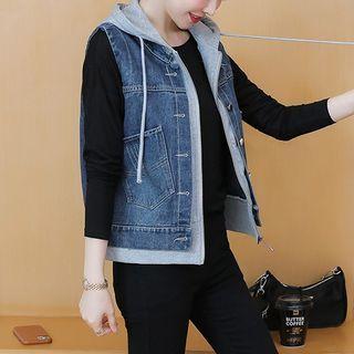 Hooded Single-breasted Denim Vest