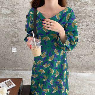 Puff-sleeve Patterned Cross-back Dress
