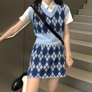 Plaid Cropped Vest + Mini Pencil Skirt Blue - One Size