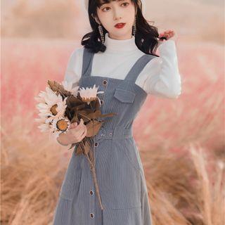 Set: Long-sleeve Turtleneck Top + Midi A-line Corduroy Overall Dress