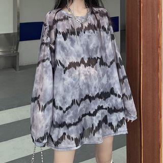 Long-sleeve Tie Dye Mesh T-shirt Gray - One Size