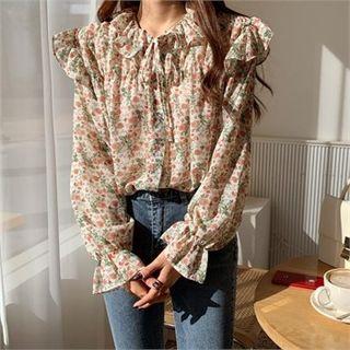 Tie-front Shirred Floral Print Blouse
