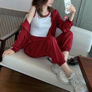 Set: Cropped Zip-up Jacket + Crop Tank Top + Harem Pants