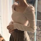 Square-neck Puff Long-sleeve Knit Top Almond - One Size