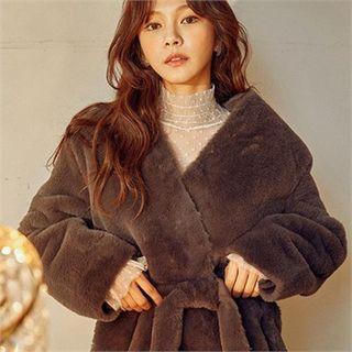 Collarless Midi Faux-fur Coat