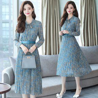 Long-sleeve Floral Print Chiffon Pleated Midi Dress