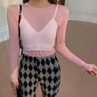 Long-sleeve T-shirt / Cropped Camisole Top / Argyle Wide-leg Pants